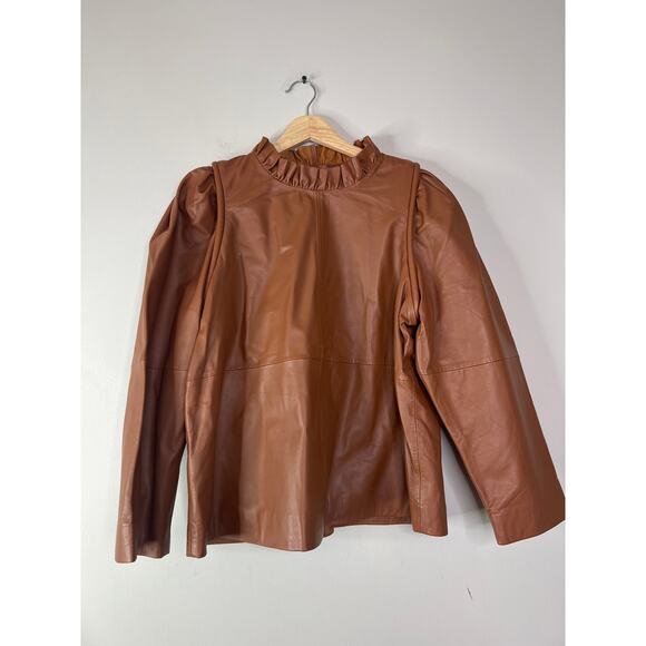 NEW Sea New York Lora Leather Back Buttoned Ruffled Neck Top Caramel Brown - Picture 2 of 7